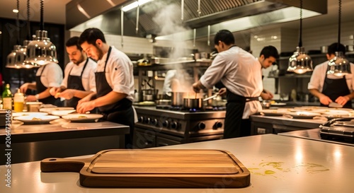 Professional chefs cooking in a busy commercial restaurant kitchen with steam rising from a cooking pan culinary arts restaurant bus