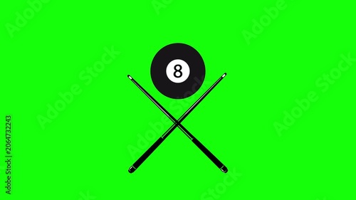 4K animation of a billiard 8 ball with two crossed cue sticks on a green background. Perfect for chroma key editing, pool tournaments, sports content, gaming videos, and motion graphics projects.