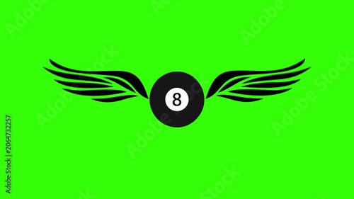 4K animation of a billiard 8 ball with two black wings flapping smoothly on a green background. Perfect for chroma key editing, sports content, gaming projects, fantasy themes, and motion graphic