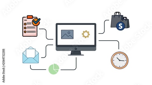 Computer Monitor with Multitasking Business Icons White Background