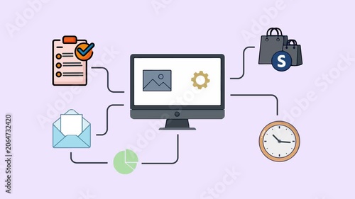 Computer Monitor with Multitasking Business Icons Purple Background