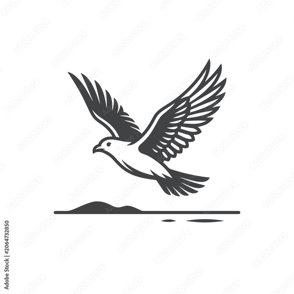 Fototapeta premium Minimalist Falcon Bird Silhouette Icon Flying Above Landscape Line Art