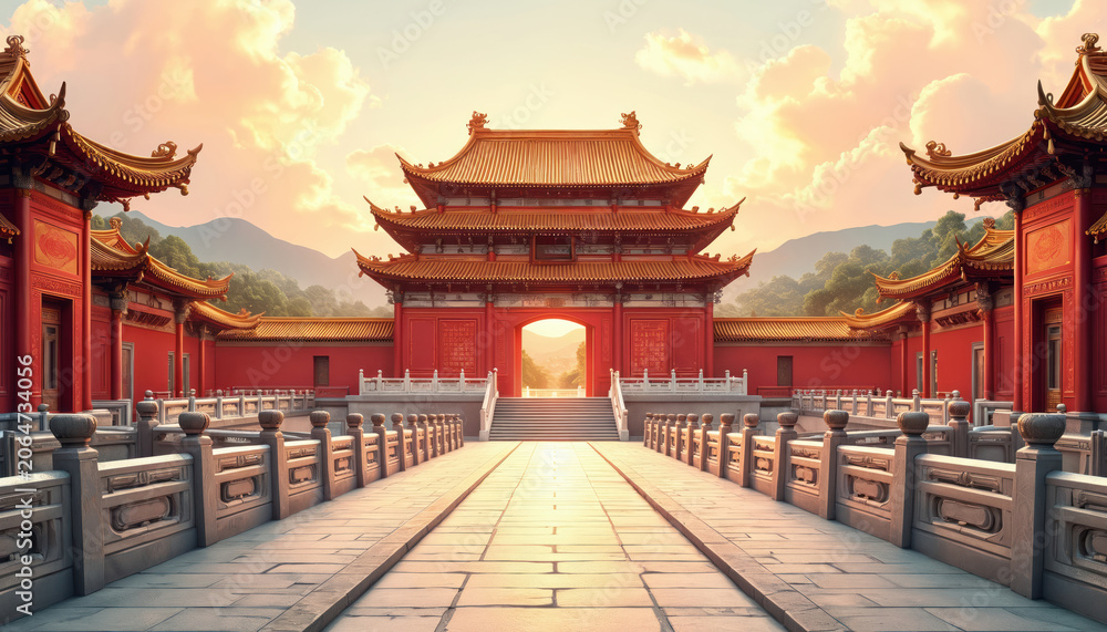 Fototapeta premium Traditional chinese imperial palace complex with red walls golden roofs, ornate decorations. Grand entrance gate opens to distant hills. Ornate balustrades line stone pathways leading to ancient