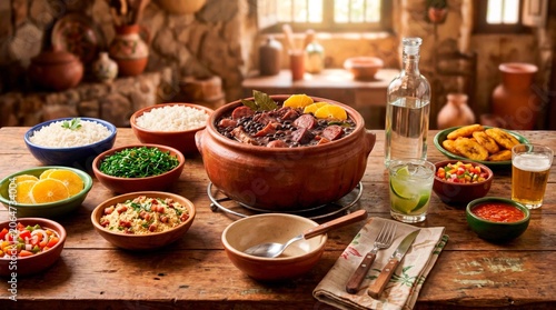 Traditional Brazilian Feijoada Feast with Assorted Side Dishes Drinks and Rustic Table Setting