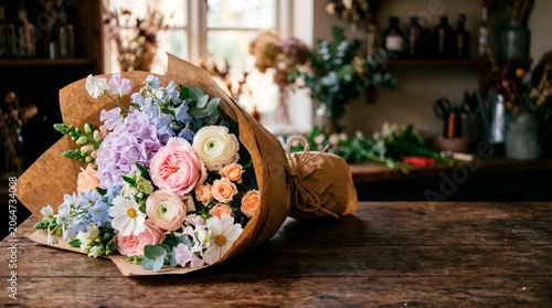 Vibrant Bouquet of Freshly Cut Flowers Carefully Arranged and Wrapped Resting on Rustic Wooden Table