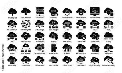 Tableau sur toile Cloud computing icons set, data storage, network security, web hosting, server rack, database synchronization, API connection, SaaS, PaaS, IaaS vector