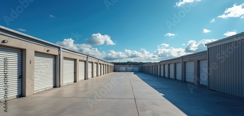Long rows of modern self storage units under clear blue sky with white clouds. Clean commercial facility offers rental space for various needs, ideal for moving, business inventory, or personal items.