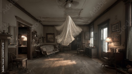 Ghostly figure in dimly lit hallway. Artificial intelligence image