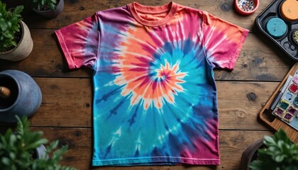 Colorful tie dye t shirt rests on wooden table in creative art supplies. Vibrant textile surrounded by paints brushes, crafting materials suggests artistic expression. Image represents handmade
