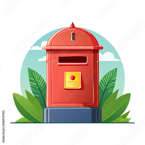 Red postal mailbox with plants and sky background