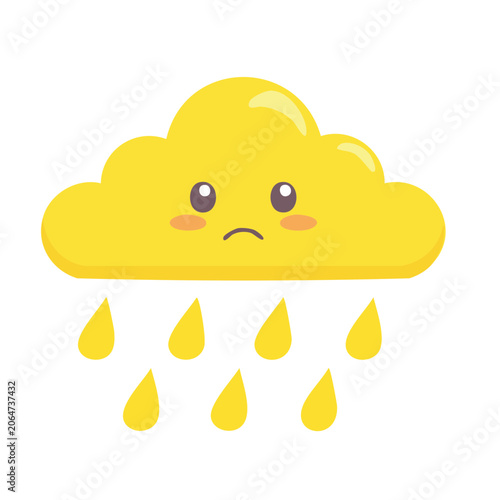 Sad yellow cartoon cloud with raindrops