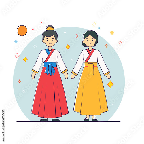 Two Women in Traditional Korean Hanbok Illustration