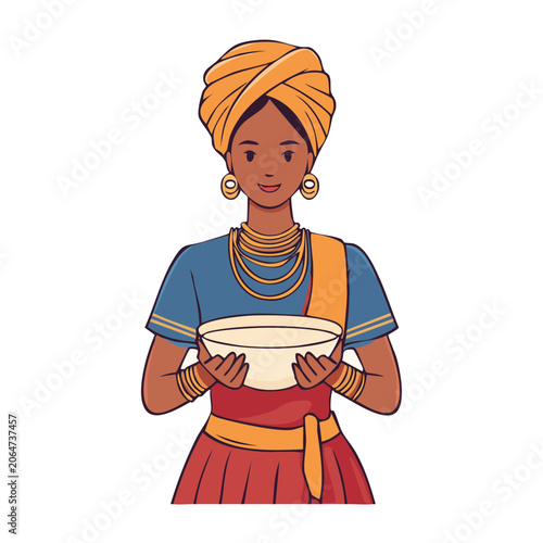 Woman in traditional attire holding a bowl