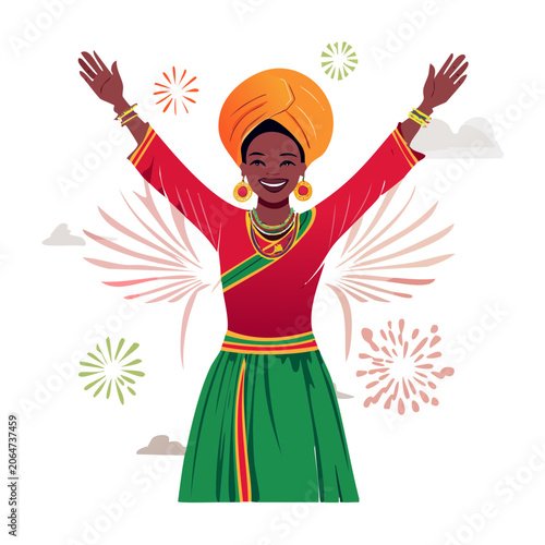 Woman in Traditional Attire Celebrating with Fireworks