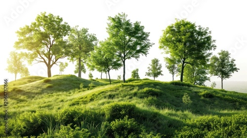 green landscape isolated on white background, nature, mountain, trees, sky, forest, background, hill, watercolor, scenery, morning, summer, travel, recreation, relax