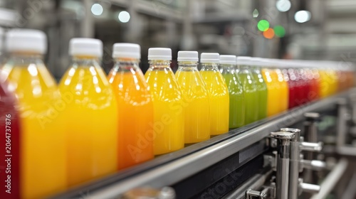 product bottles fruit juice on the conveyor belt in the beverage factory, industrial, manufacture, production, line, plant, technology, juice, machine, machinery, equipment, automated