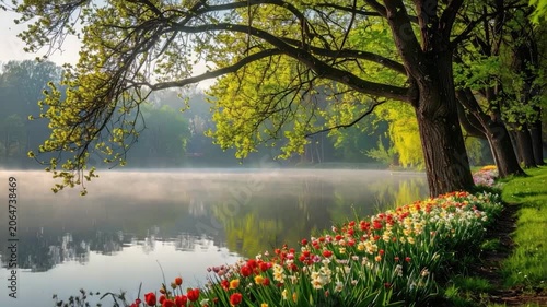 Serene lakeside scene with mist, trees, and colorful flowers reflecting in the calm water