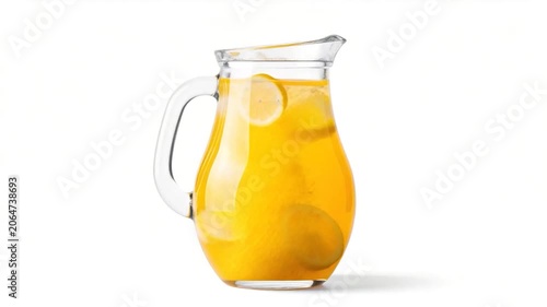 A clear glass pitcher, filled with vibrant yellow liquid and sliced citrus, sits against a white background