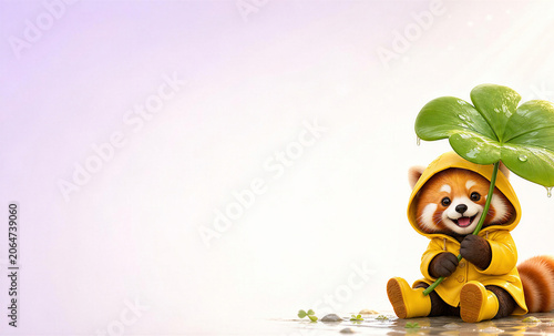 Cute Red Panda in Yellow Raincoat Holding a Clover Leaf Umbrella Background with Room for Text