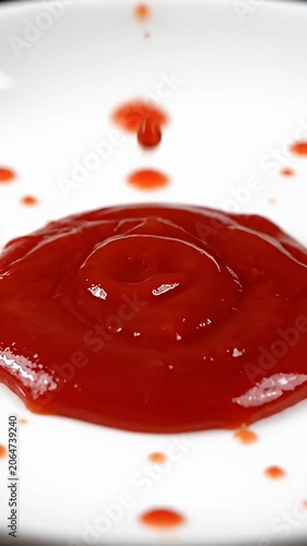 Thick red ketchup pouring onto a white surface.