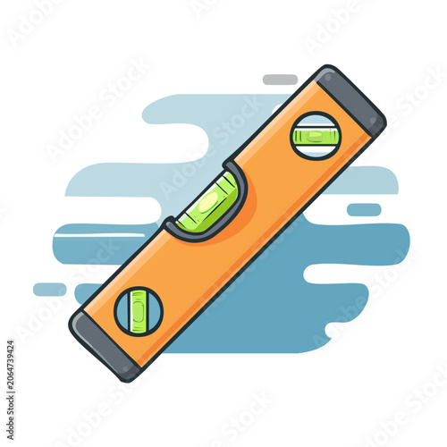 Orange spirit level tool with green bubbles on blue pattern background
