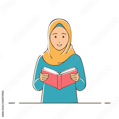 Woman in hijab reading an open book illustration