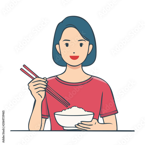 Woman eating rice with chopsticks illustration