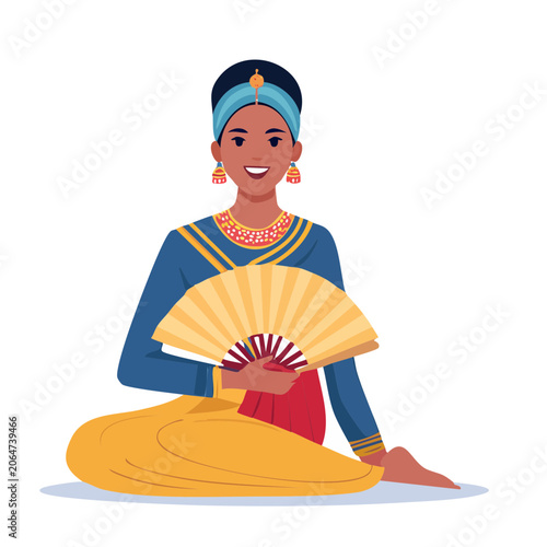 Woman in traditional attire holding a hand fan