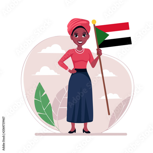 Woman in traditional clothing holding national flag illustration