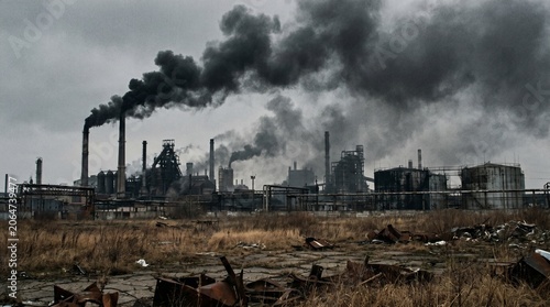 Detailed realistic image of an old rusty industrial complex emitting dark smoke into the sky
