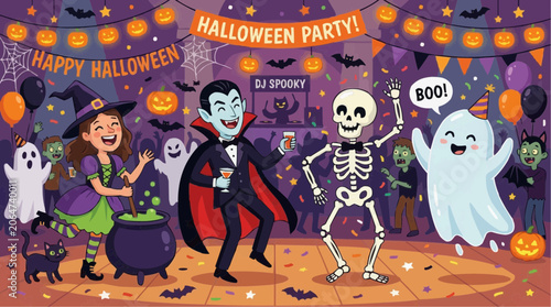 Happy Halloween Party Scene with Dancing Vampire Skeleton Ghost Witch and Zombies