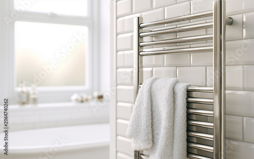 Modern chrome towel warmer rack in a clean bathroom. White fluffy towel hangs on heated rails next to white tiled wall