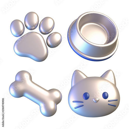 3D Cute Pet Icons Set with White Pearl Metallic Texture