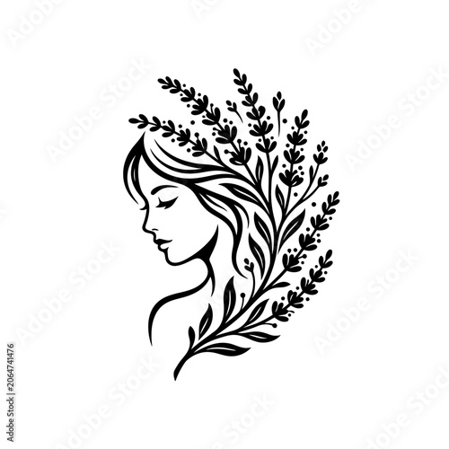 Woman face with leafy hair design.