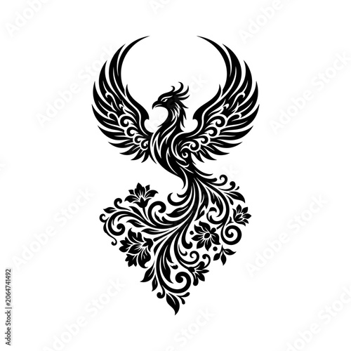 Detailed Black Phoenix Bird Design.