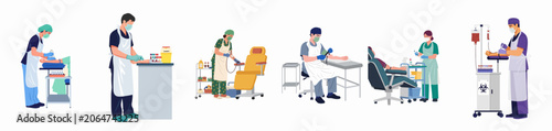 Tableau sur toile Flat vector illustrations of medical professionals performing blood collection, phlebotomy, and transfusion procedures in clinical settings