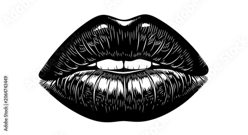 Fotografie Artistic Black and White Ink Drawing of Plump Glossy Lips with Detailed Hatching