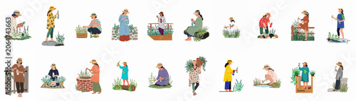 Fotografie A diverse collection of flat vector illustrations depicting women gardening, harvesting lavender, and staying hydrated in various peaceful outdoor garden settings