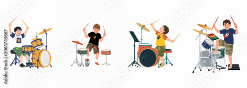 Fotografia Set of four illustrations showing young boys happily playing various drum kits and percussion instruments isolated on a white background
