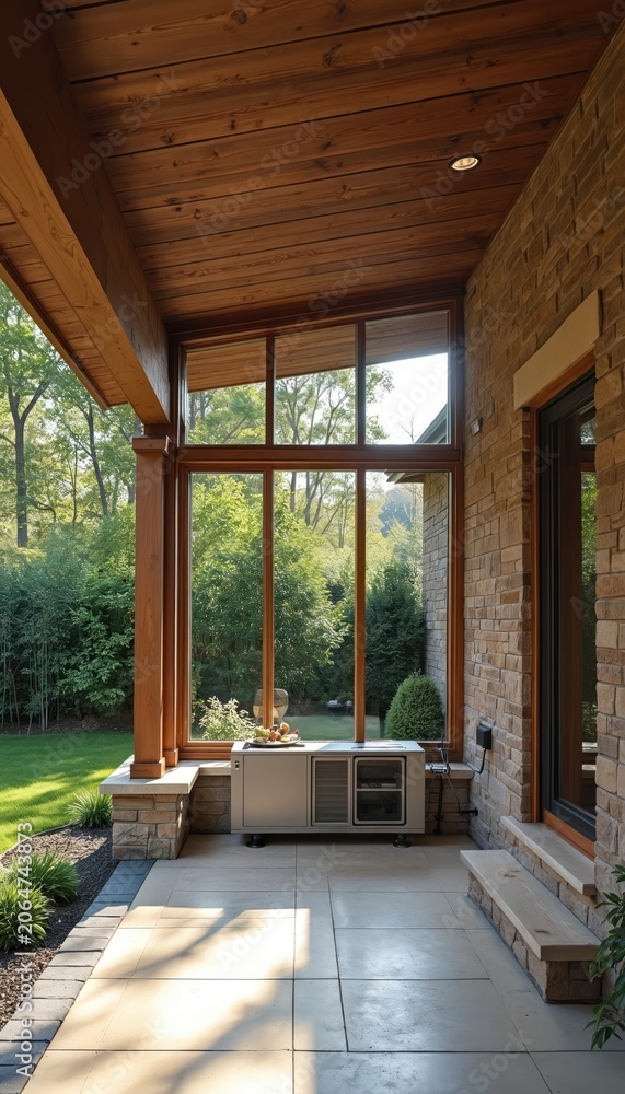Fototapeta premium Modern patio with wooden accents, stone walls. Outdoor kitchen with grill, countertop. Green garden with trees, bushes outside. Natural light illuminates area. Patio furniture, plants nearby. Outdoor