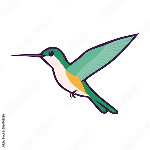 Green Hummingbird in Flight, Flat Design Illustration