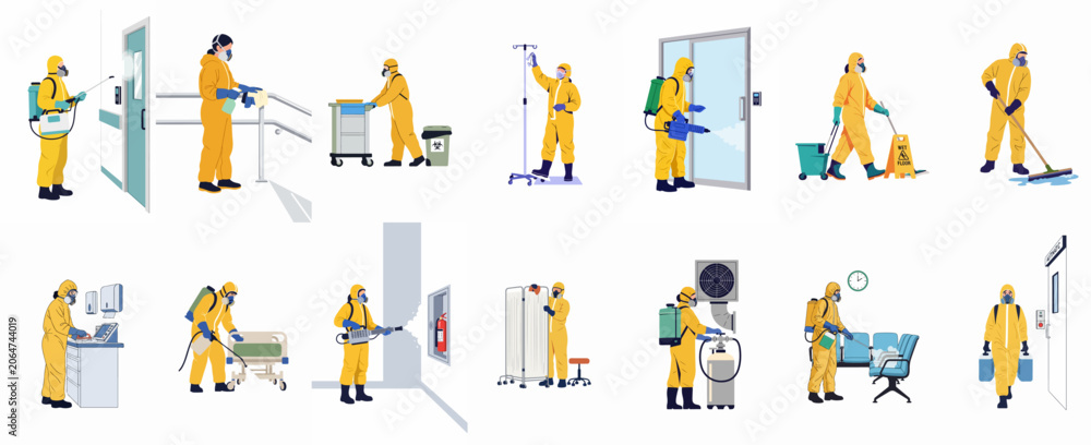 Fototapeta premium Collection of professional cleaners in yellow hazmat suits performing disinfection and sanitation tasks in a hospital setting to ensure safety and hygiene.