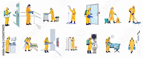 Fotografie Collection of professional cleaners in yellow hazmat suits performing disinfection and sanitation tasks in a hospital setting to ensure safety and hygiene