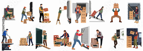 Set of flat vector illustrations depicting warehouse workers and drivers loading, unloading, and managing Riesling wine crates for delivery and logistics.