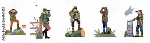 Canvastavla Set of diverse birdwatchers and nature observers in camouflage clothing using binoculars to explore the wilderness, mountains, and forests