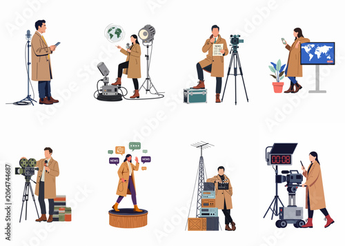 Cuadro en lienzo Set of professional journalists and media crew characters in trench coats with various broadcasting equipment, cameras, and news production elements