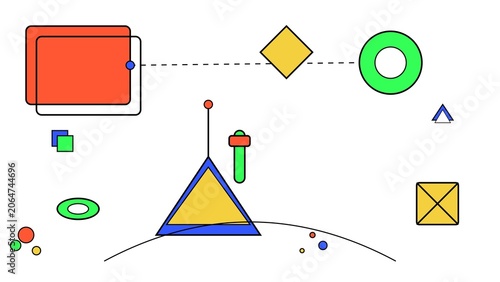 Abstract geometric composition with colorful shapes and thin lines on white