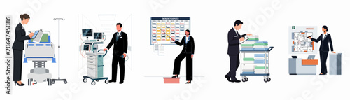 Tableau sur toile Professional business managers overseeing various hospital operations, including medical logistics, emergency dispatch scheduling, patient monitoring equipment, and triage facility planning