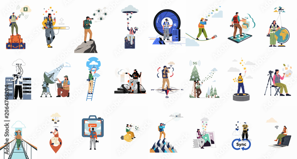 Fototapeta premium Vector illustration set featuring photographers using cloud storage, digital asset management, and global connectivity for modern media workflows and technology concepts.