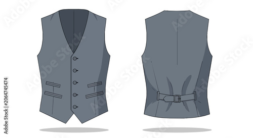 Professional Male Grey Waistcoat Illustration Featuring Front and Back Views for Clothing Technical Flat Sketch